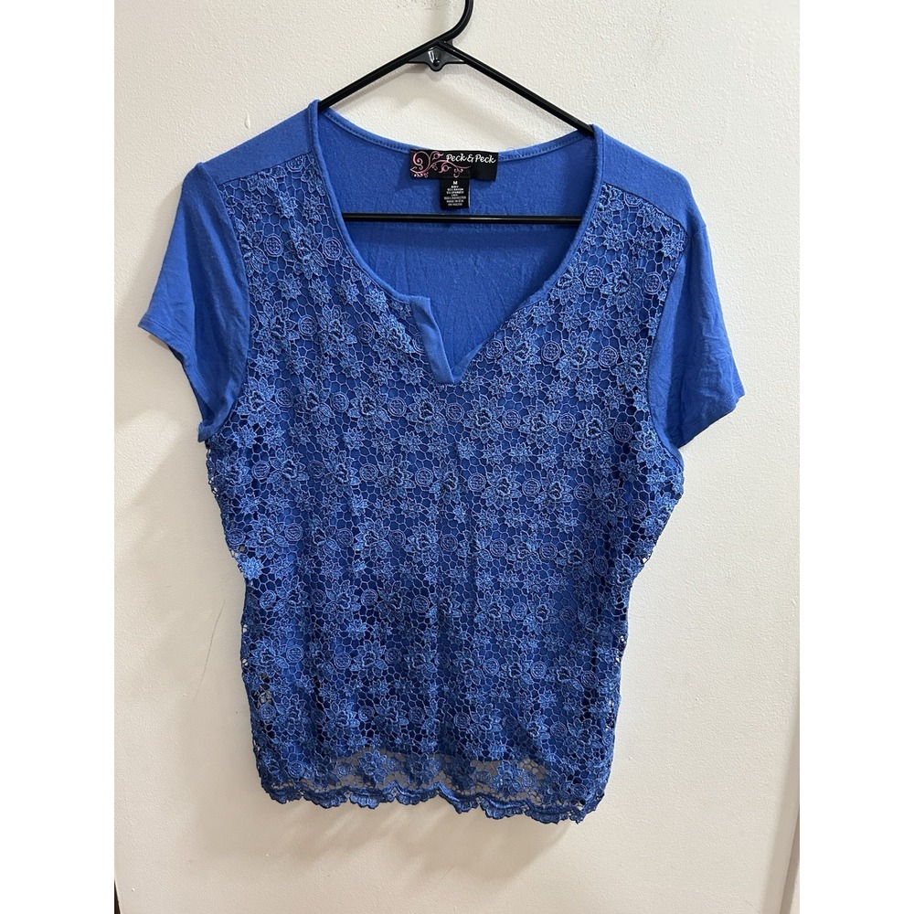 Peck & Peck Blue Short Sleeve V Neck Lace Inset Top Women's Size M